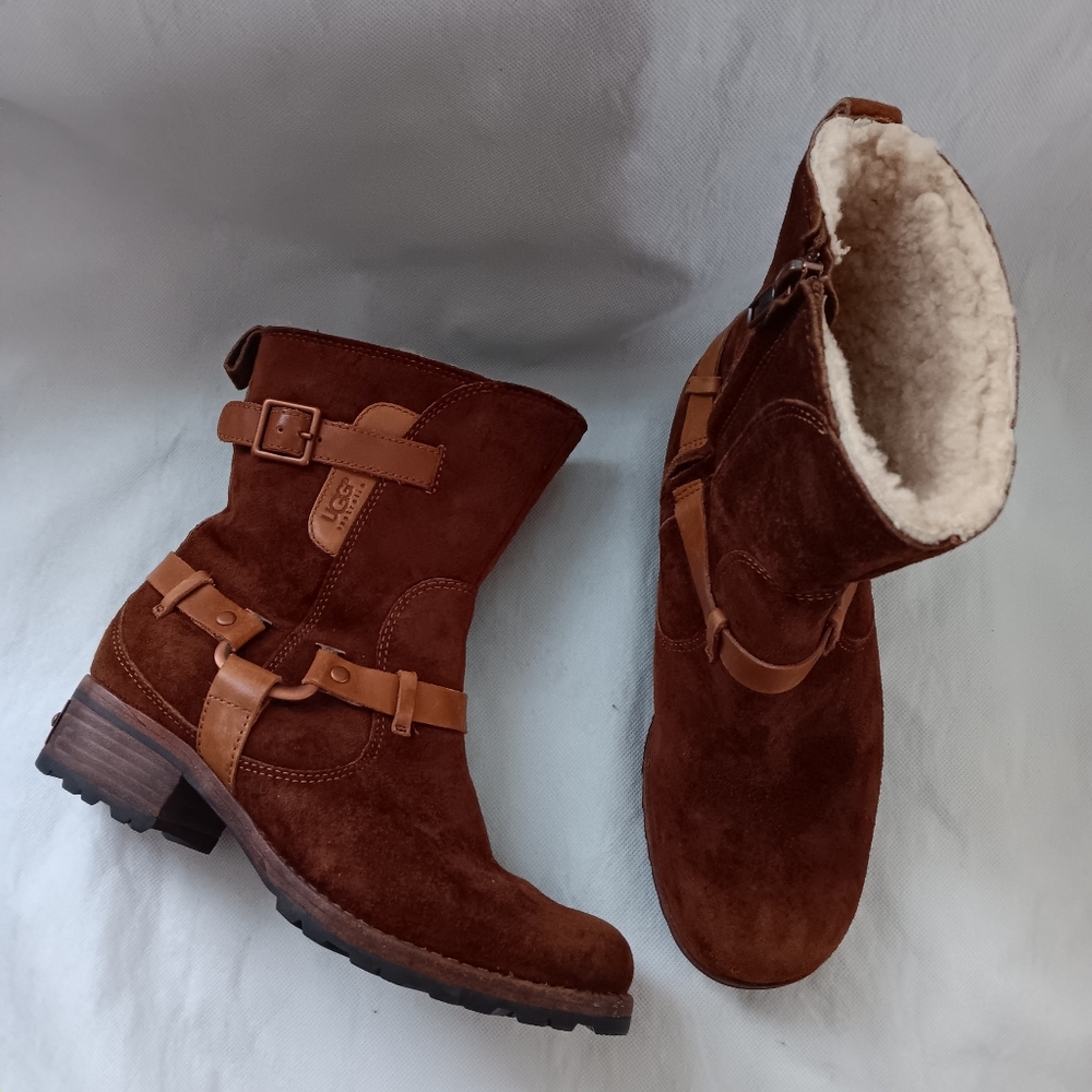 UGG Womens 6 Boots Endell Harness Biker Brown Suede Shearling Lined 5604 Moto